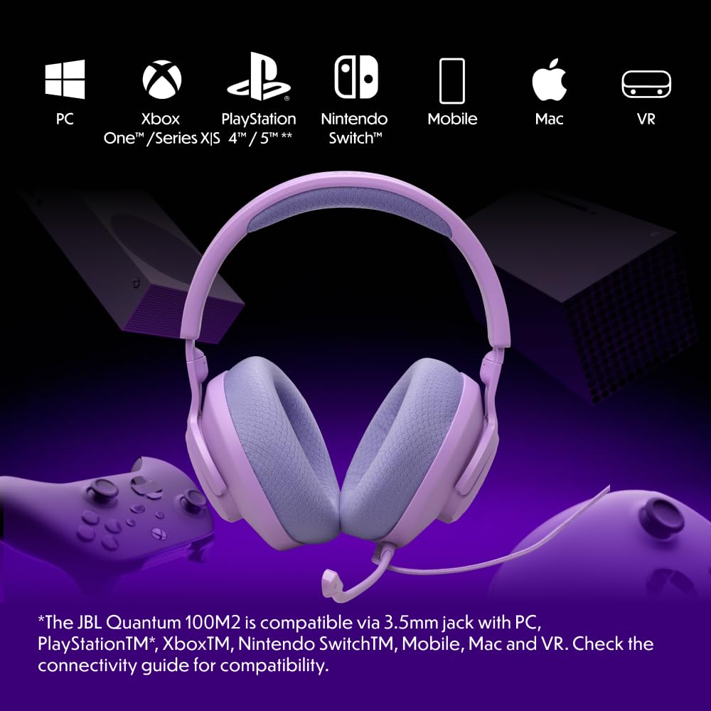 JBL Quantum 100M2 Headset Circumaural para Gaming, JBL QuantumSOUND Signature, Cabo de Áudio 3,5 mm, Compatível com Múltiplas Plataformas, Microfone Removível, Função Mudo, Preto