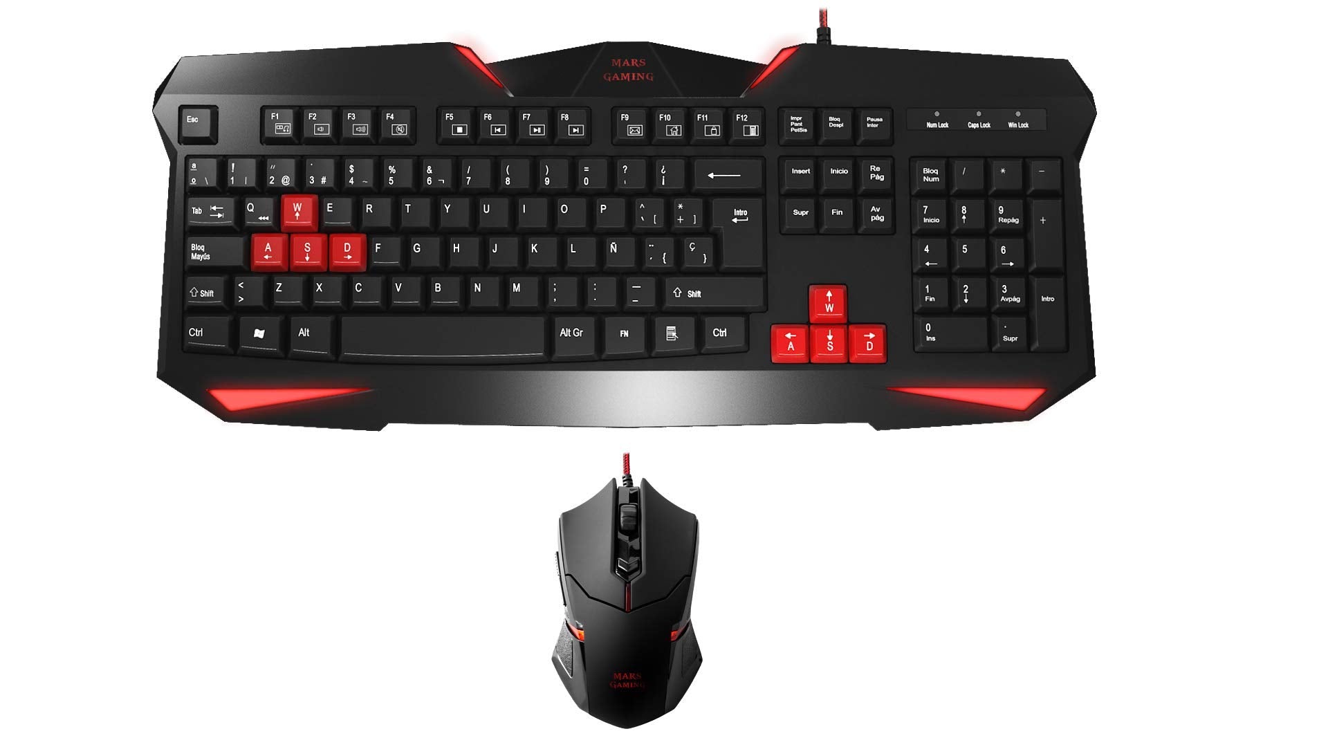 Mars Gaming MCP124, Layout Espanhol, Combo Gaming 3em1, Teclado Ergonômico H-Mech LED RGB, Mouse RGB 3200DPI Switches HUANO, Mousepad Nanotêxtil 360x260mm, Compatibilidade Multiplataforma, Preto