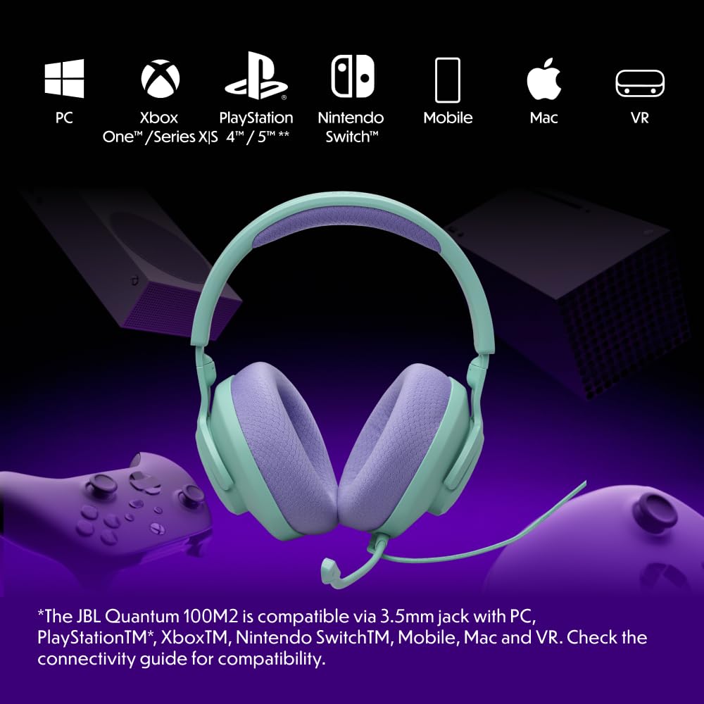 JBL Quantum 100M2 Headset Circumaural para Gaming, JBL QuantumSOUND Signature, Cabo de Áudio 3,5 mm, Compatível com Múltiplas Plataformas, Microfone Removível, Função Mudo, Preto