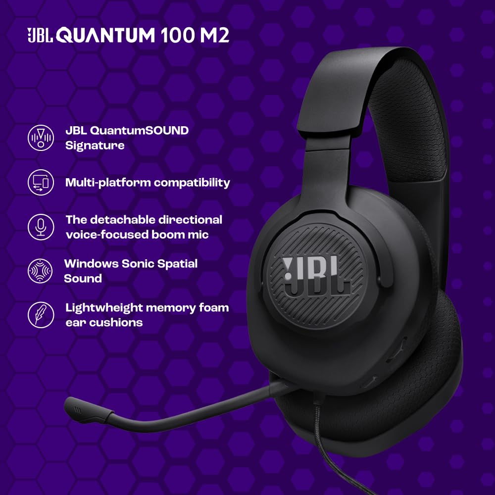 JBL Quantum 100M2 Headset Circumaural para Gaming, JBL QuantumSOUND Signature, Cabo de Áudio 3,5 mm, Compatível com Múltiplas Plataformas, Microfone Removível, Função Mudo, Preto