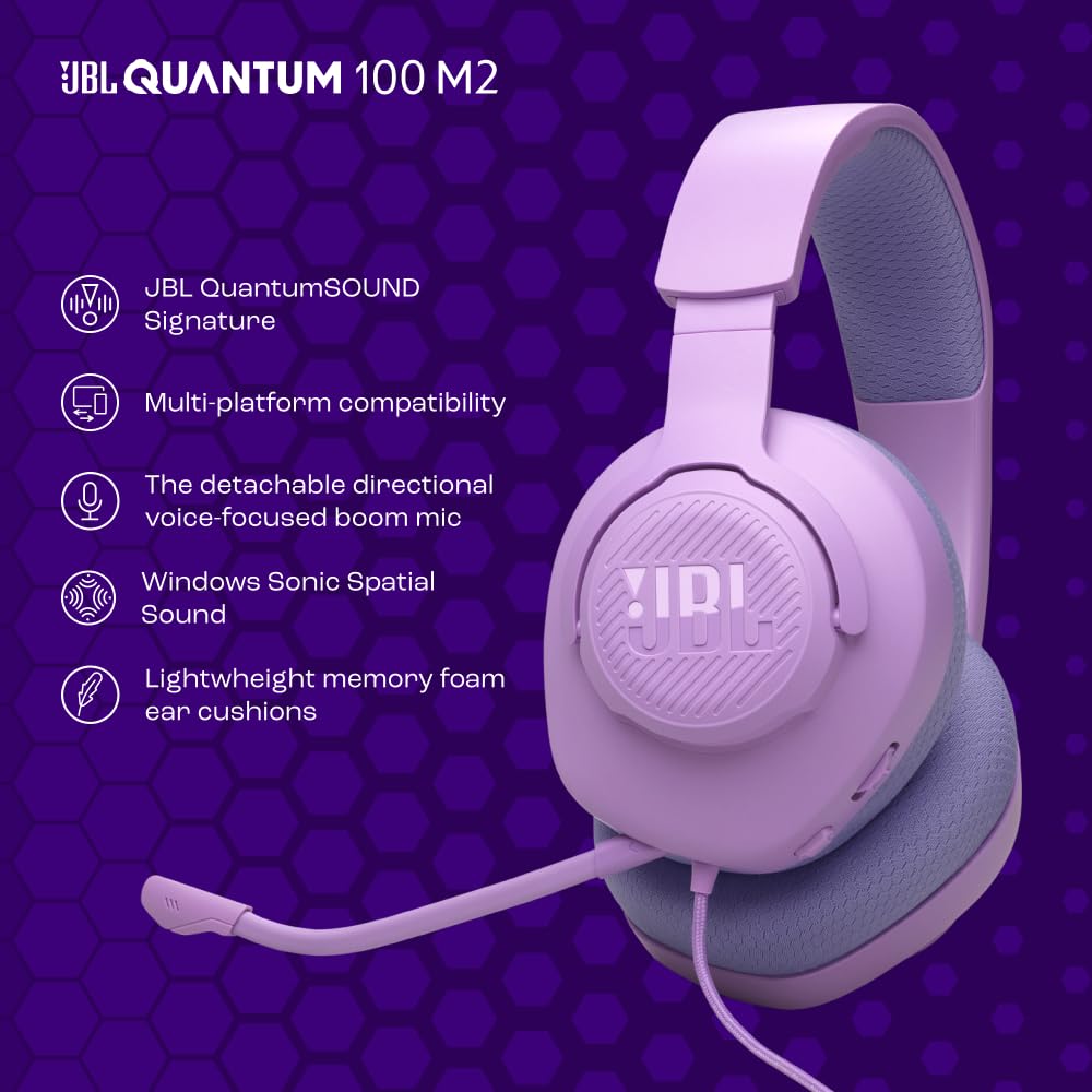 JBL Quantum 100M2 Headset Circumaural para Gaming, JBL QuantumSOUND Signature, Cabo de Áudio 3,5 mm, Compatível com Múltiplas Plataformas, Microfone Removível, Função Mudo, Preto