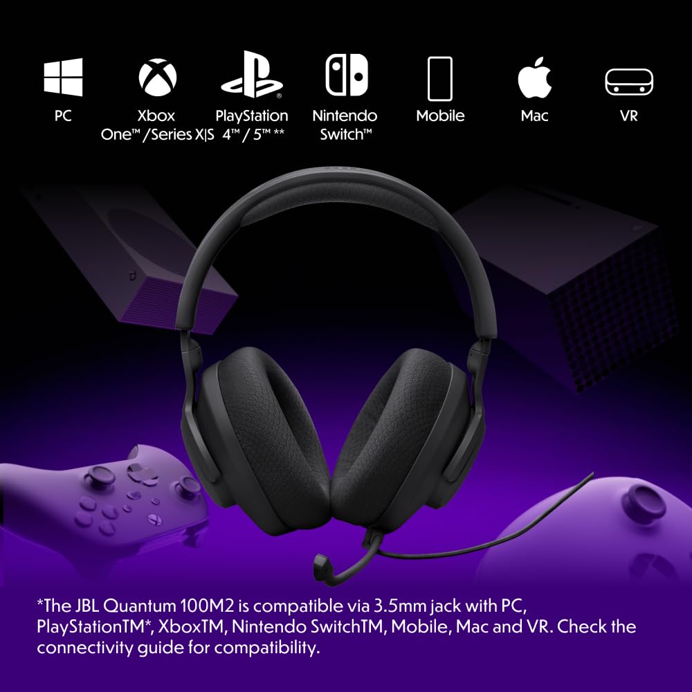 JBL Quantum 100M2 Headset Circumaural para Gaming, JBL QuantumSOUND Signature, Cabo de Áudio 3,5 mm, Compatível com Múltiplas Plataformas, Microfone Removível, Função Mudo, Preto