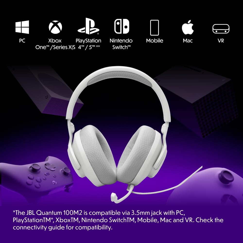 JBL Quantum 100M2 Headset Circumaural para Gaming, JBL QuantumSOUND Signature, Cabo de Áudio 3,5 mm, Compatível com Múltiplas Plataformas, Microfone Removível, Função Mudo, Preto