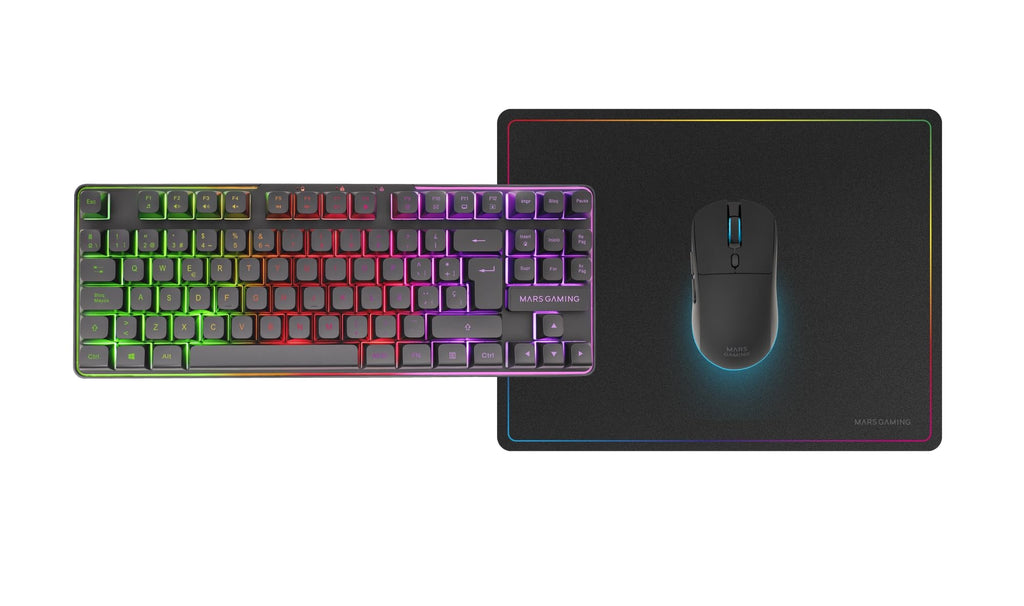 Mars Gaming MCP124, Layout Espanhol, Combo Gaming 3em1, Teclado Ergonômico H-Mech LED RGB, Mouse RGB 3200DPI Switches HUANO, Mousepad Nanotêxtil 360x260mm, Compatibilidade Multiplataforma, Preto