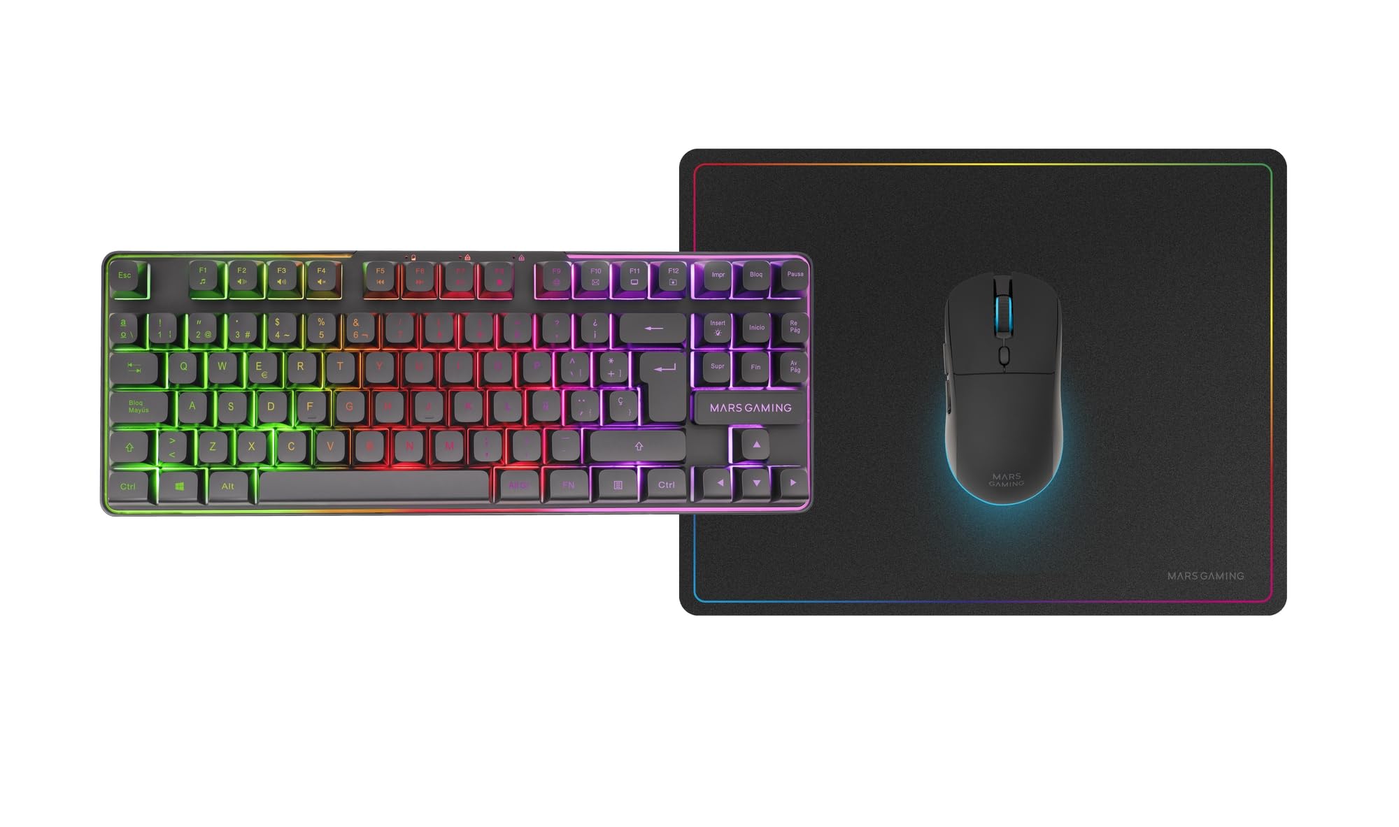 Mars Gaming MCP124, Layout Espanhol, Combo Gaming 3em1, Teclado Ergonômico H-Mech LED RGB, Mouse RGB 3200DPI Switches HUANO, Mousepad Nanotêxtil 360x260mm, Compatibilidade Multiplataforma, Preto