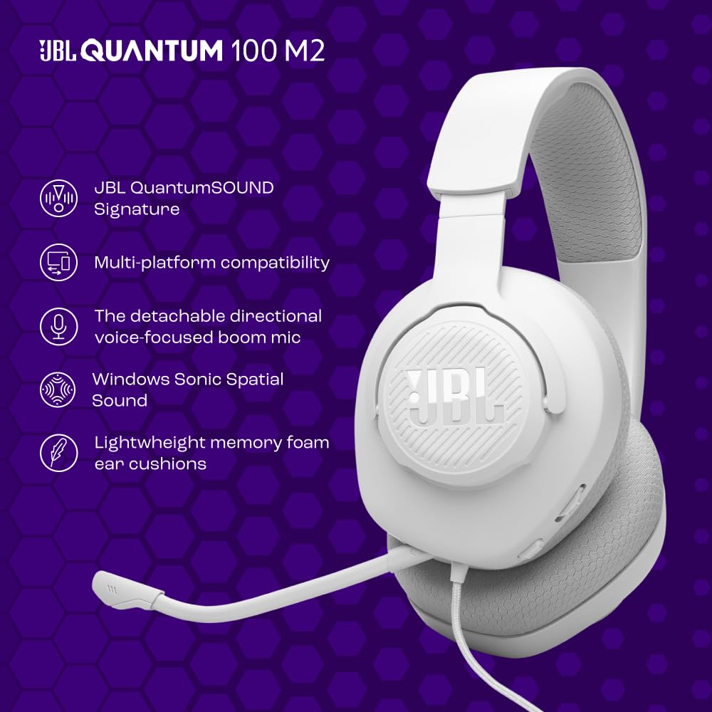 JBL Quantum 100M2 Headset Circumaural para Gaming, JBL QuantumSOUND Signature, Cabo de Áudio 3,5 mm, Compatível com Múltiplas Plataformas, Microfone Removível, Função Mudo, Preto