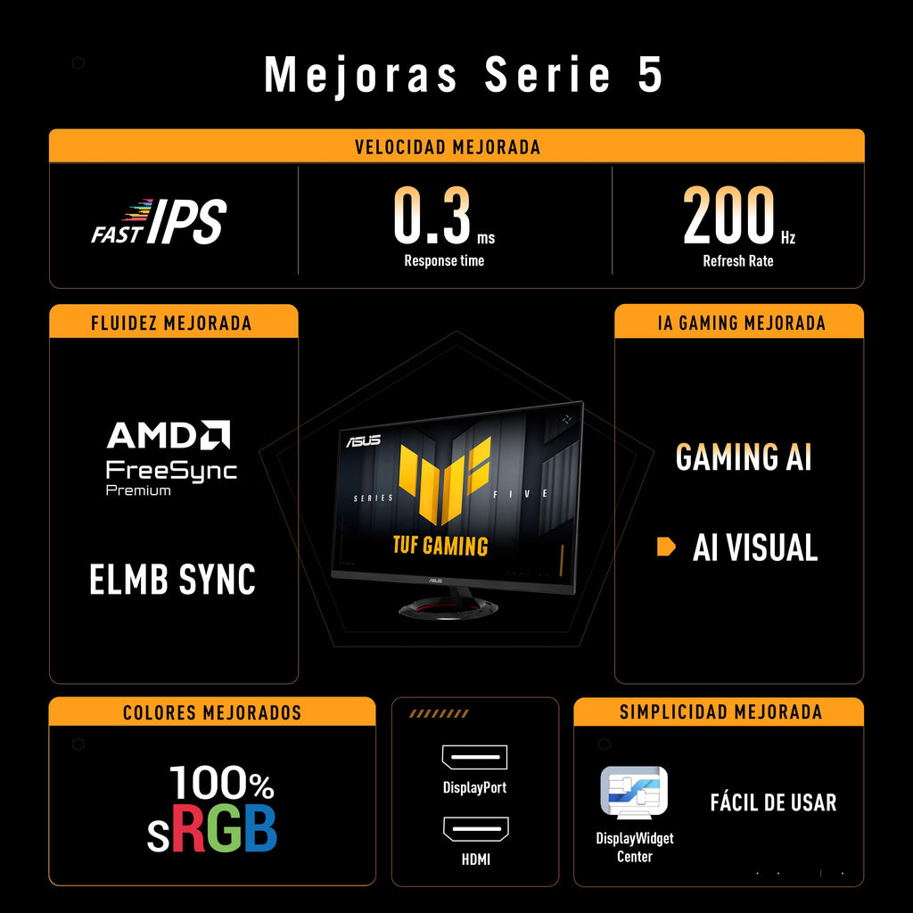 ASUS TUF Gaming VG249Q5R - Monitor Fast IPS Full HD de 23,8" | 200 Hz, Fast IPS, ELMB, 0,3 ms GTG (mín), Alto-falante Estéreo, DisplayWidget Center, IA Visual