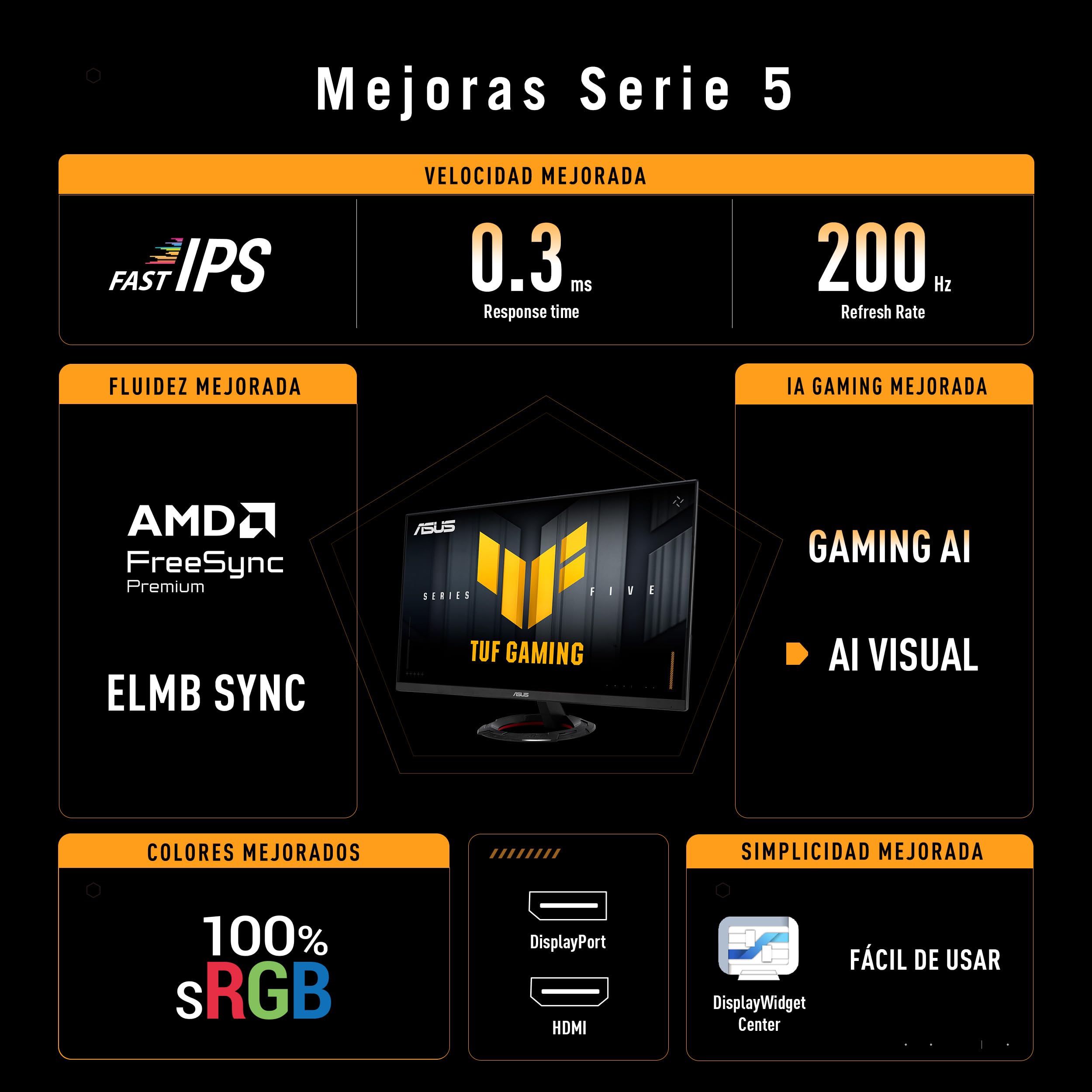ASUS TUF Gaming VG249Q5R - Monitor Fast IPS Full HD de 23,8" | 200 Hz, Fast IPS, ELMB, 0,3 ms GTG (mín), Alto-falante Estéreo, DisplayWidget Center, IA Visual
