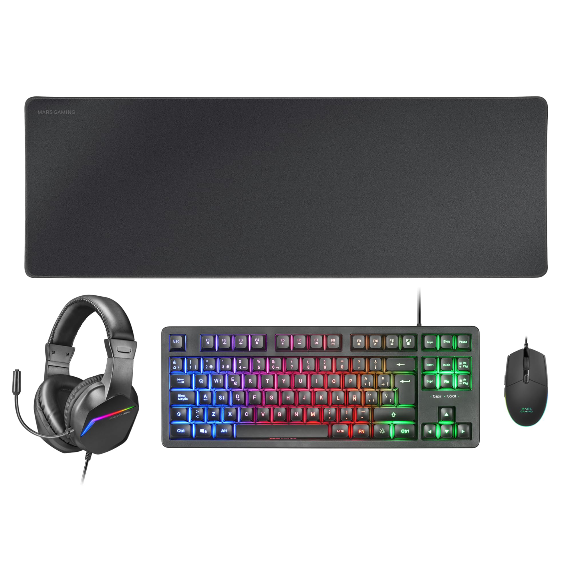 Mars Gaming MCP124, Layout Espanhol, Combo Gaming 3em1, Teclado Ergonômico H-Mech LED RGB, Mouse RGB 3200DPI Switches HUANO, Mousepad Nanotêxtil 360x260mm, Compatibilidade Multiplataforma, Preto