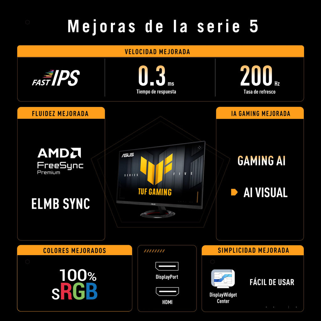 ASUS TUF Gaming VG249Q5R - Monitor Fast IPS Full HD de 23,8" | 200 Hz, Fast IPS, ELMB, 0,3 ms GTG (mín), Alto-falante Estéreo, DisplayWidget Center, IA Visual