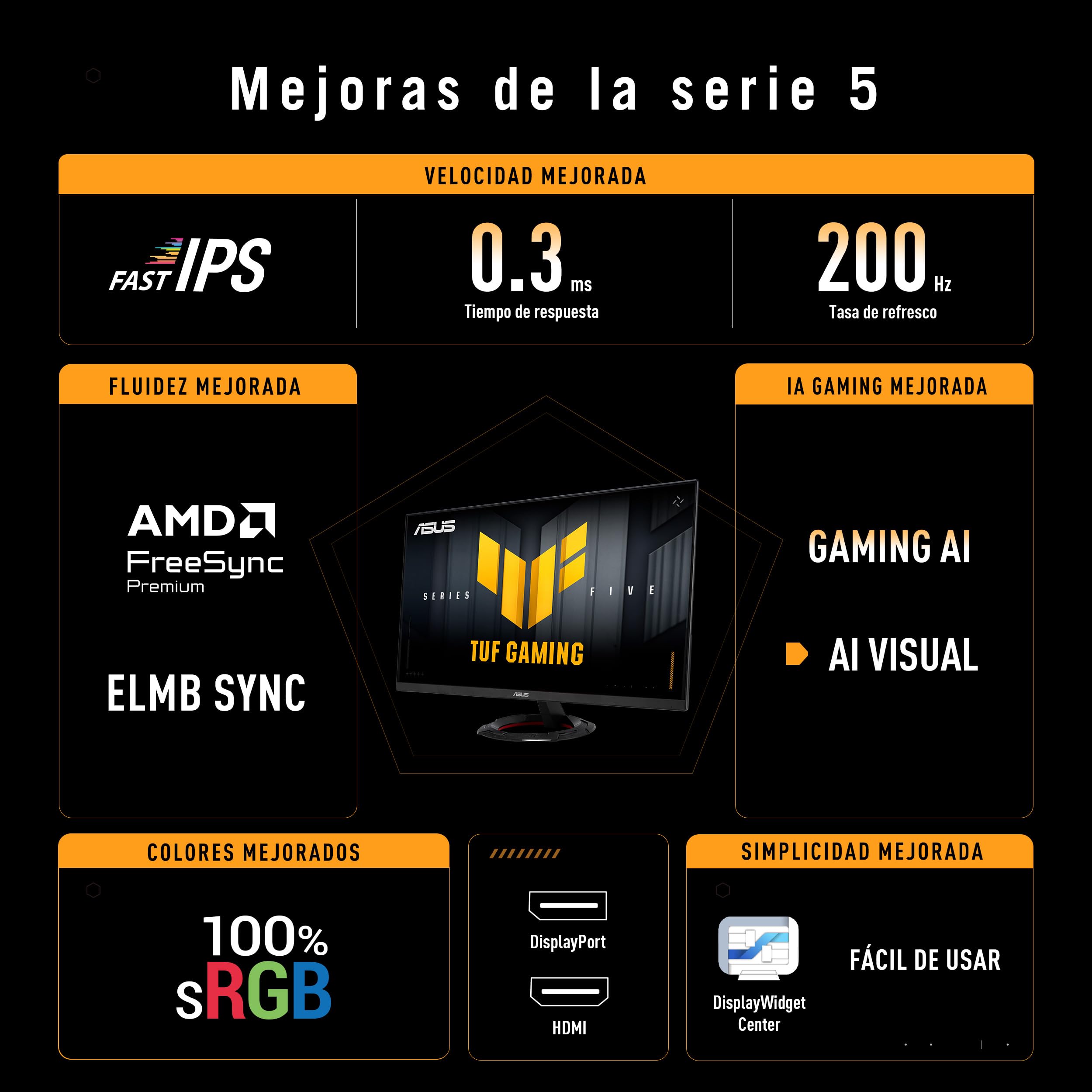 ASUS TUF Gaming VG249Q5R - Monitor Fast IPS Full HD de 23,8" | 200 Hz, Fast IPS, ELMB, 0,3 ms GTG (mín), Alto-falante Estéreo, DisplayWidget Center, IA Visual
