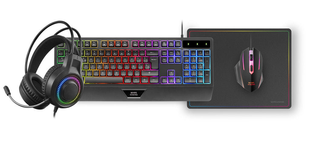 Mars Gaming MCP124, Layout Espanhol, Combo Gaming 3em1, Teclado Ergonômico H-Mech LED RGB, Mouse RGB 3200DPI Switches HUANO, Mousepad Nanotêxtil 360x260mm, Compatibilidade Multiplataforma, Preto