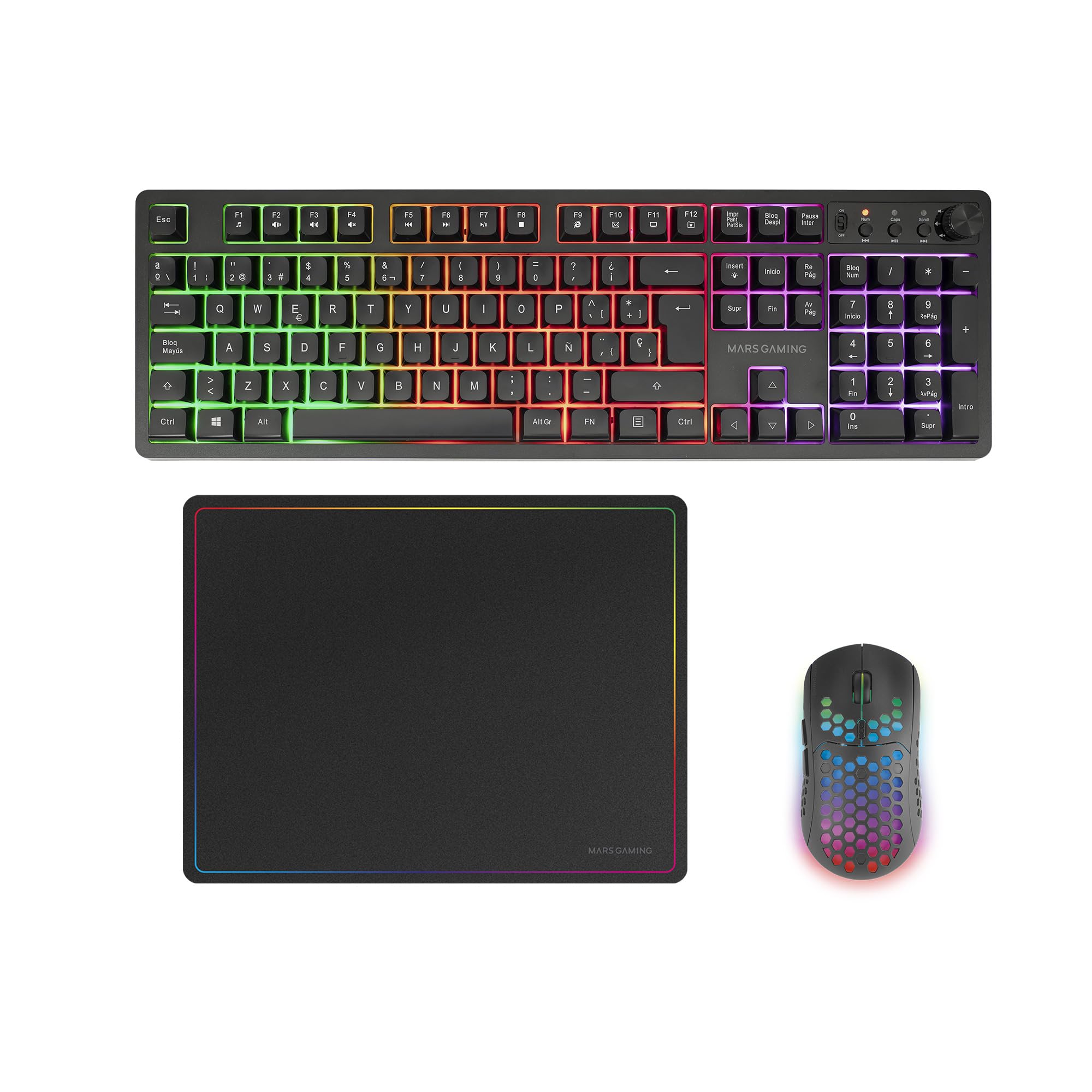 Mars Gaming MCP124, Layout Espanhol, Combo Gaming 3em1, Teclado Ergonômico H-Mech LED RGB, Mouse RGB 3200DPI Switches HUANO, Mousepad Nanotêxtil 360x260mm, Compatibilidade Multiplataforma, Preto