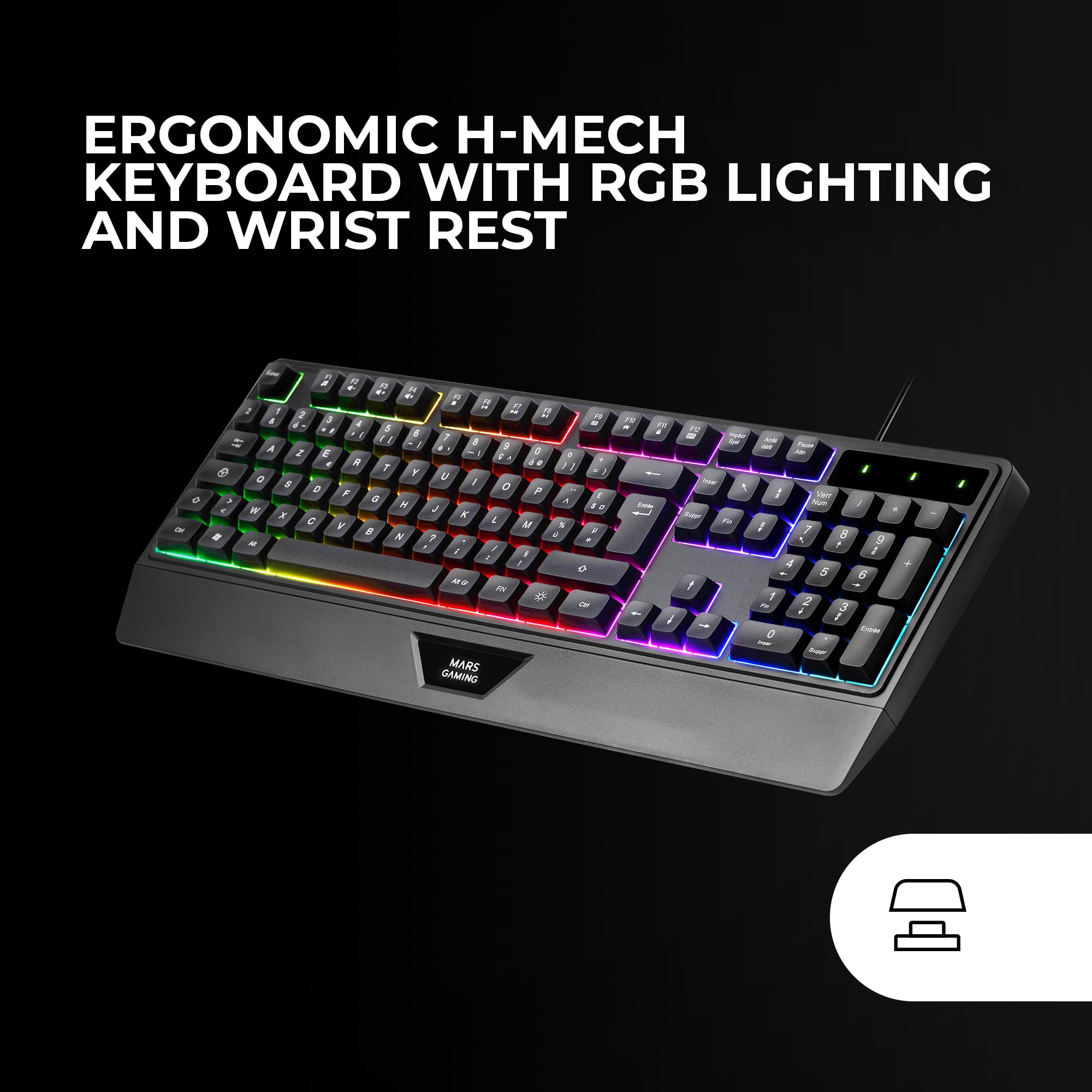Mars Gaming MCP124, Layout Espanhol, Combo Gaming 3em1, Teclado Ergonômico H-Mech LED RGB, Mouse RGB 3200DPI Switches HUANO, Mousepad Nanotêxtil 360x260mm, Compatibilidade Multiplataforma, Preto