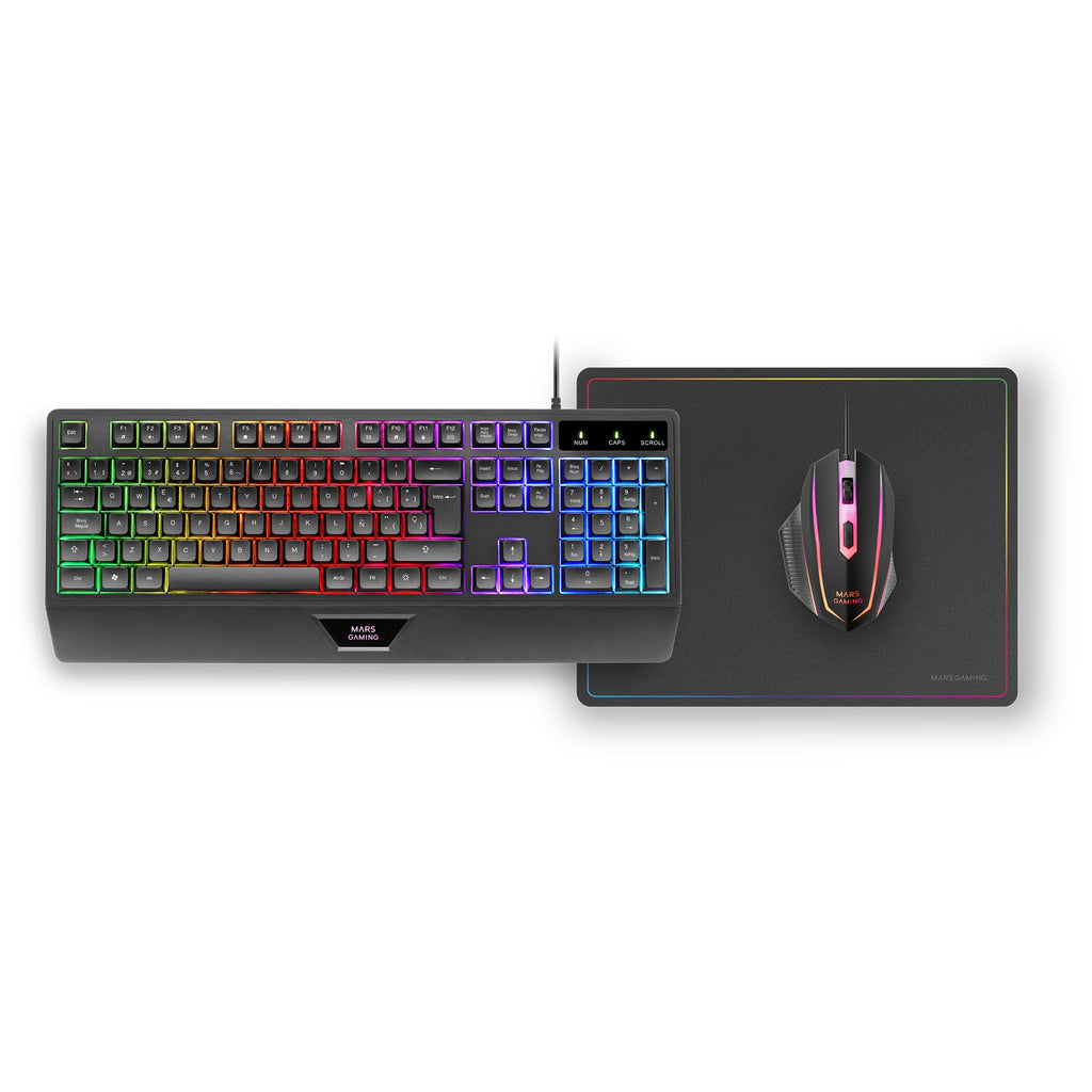 Mars Gaming MCP124, Layout Espanhol, Combo Gaming 3em1, Teclado Ergonômico H-Mech LED RGB, Mouse RGB 3200DPI Switches HUANO, Mousepad Nanotêxtil 360x260mm, Compatibilidade Multiplataforma, Preto