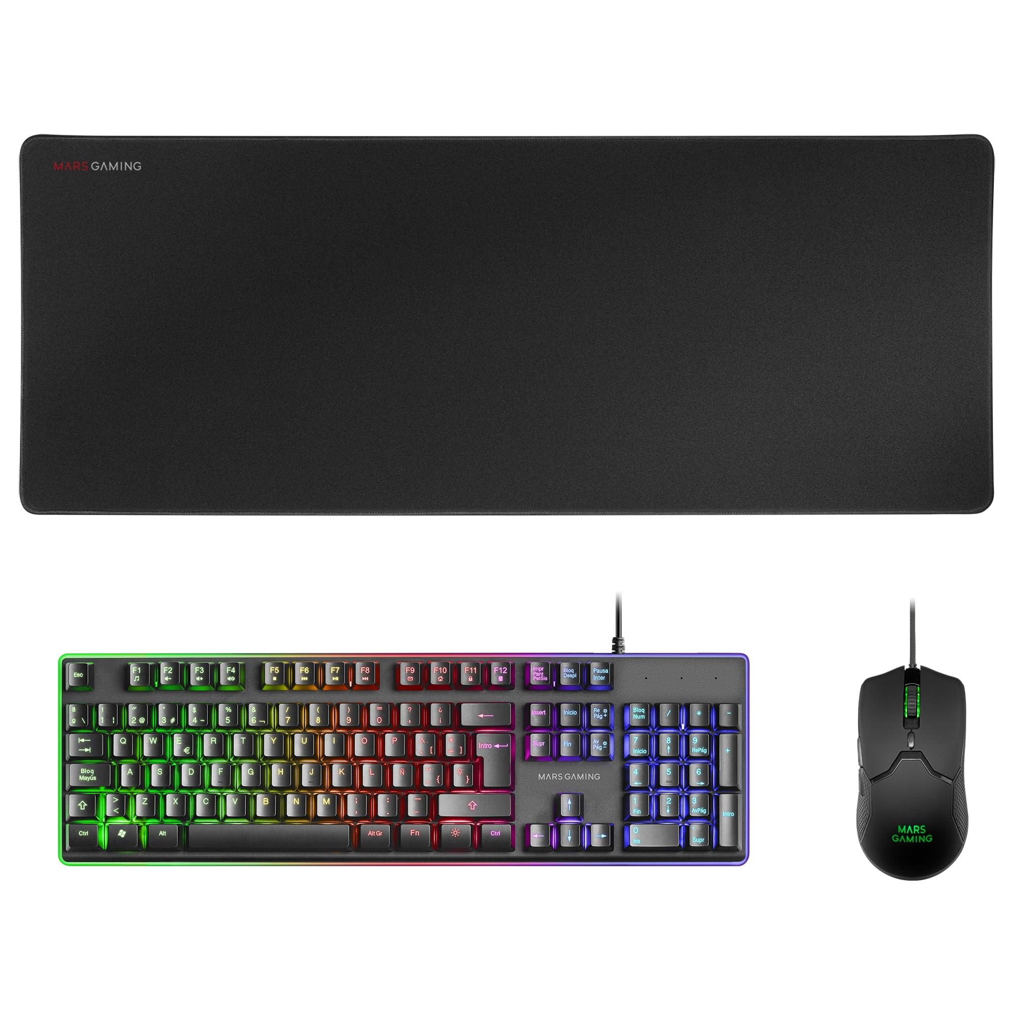 Mars Gaming MCP124, Layout Espanhol, Combo Gaming 3em1, Teclado Ergonômico H-Mech LED RGB, Mouse RGB 3200DPI Switches HUANO, Mousepad Nanotêxtil 360x260mm, Compatibilidade Multiplataforma, Preto