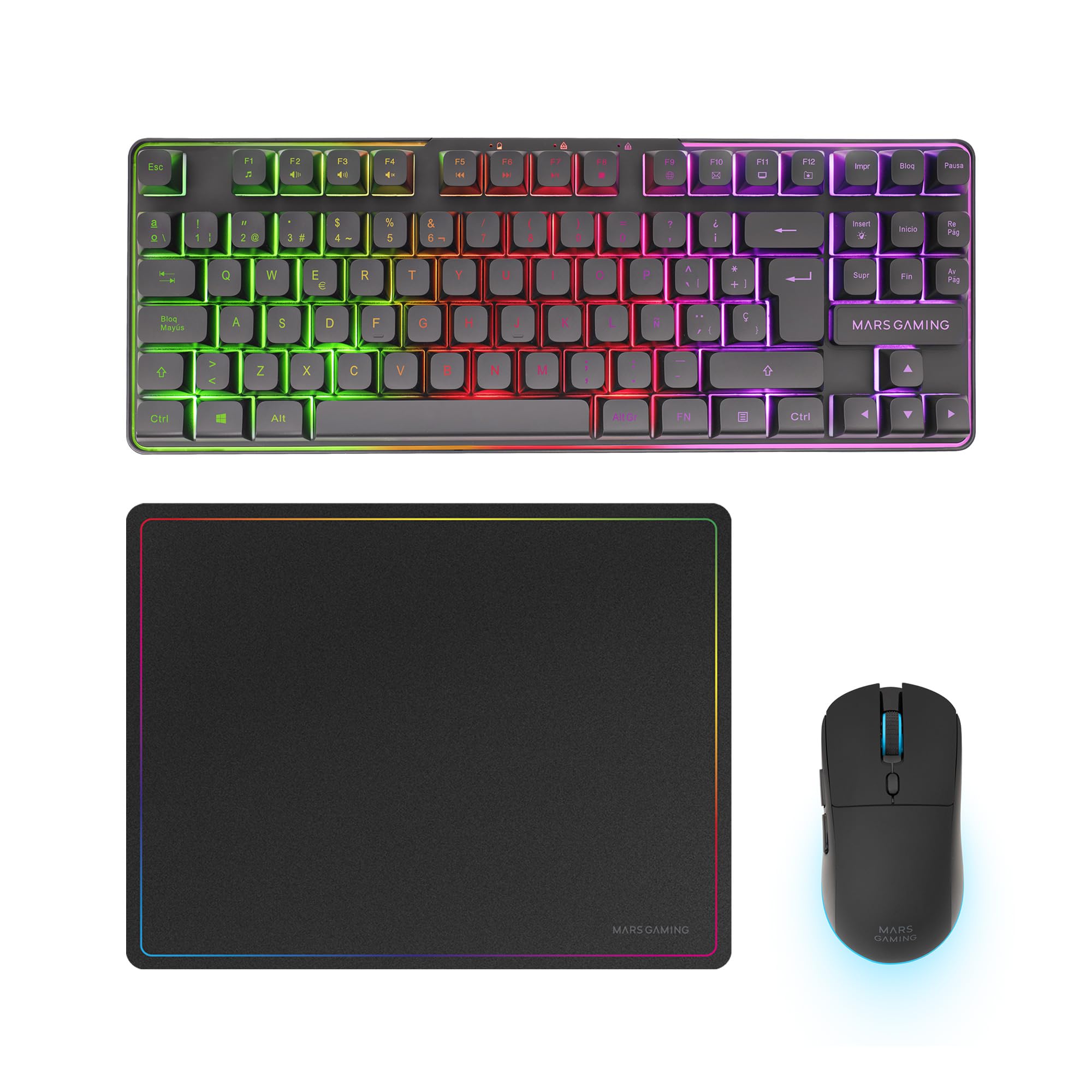 Mars Gaming MCP124, Layout Espanhol, Combo Gaming 3em1, Teclado Ergonômico H-Mech LED RGB, Mouse RGB 3200DPI Switches HUANO, Mousepad Nanotêxtil 360x260mm, Compatibilidade Multiplataforma, Preto