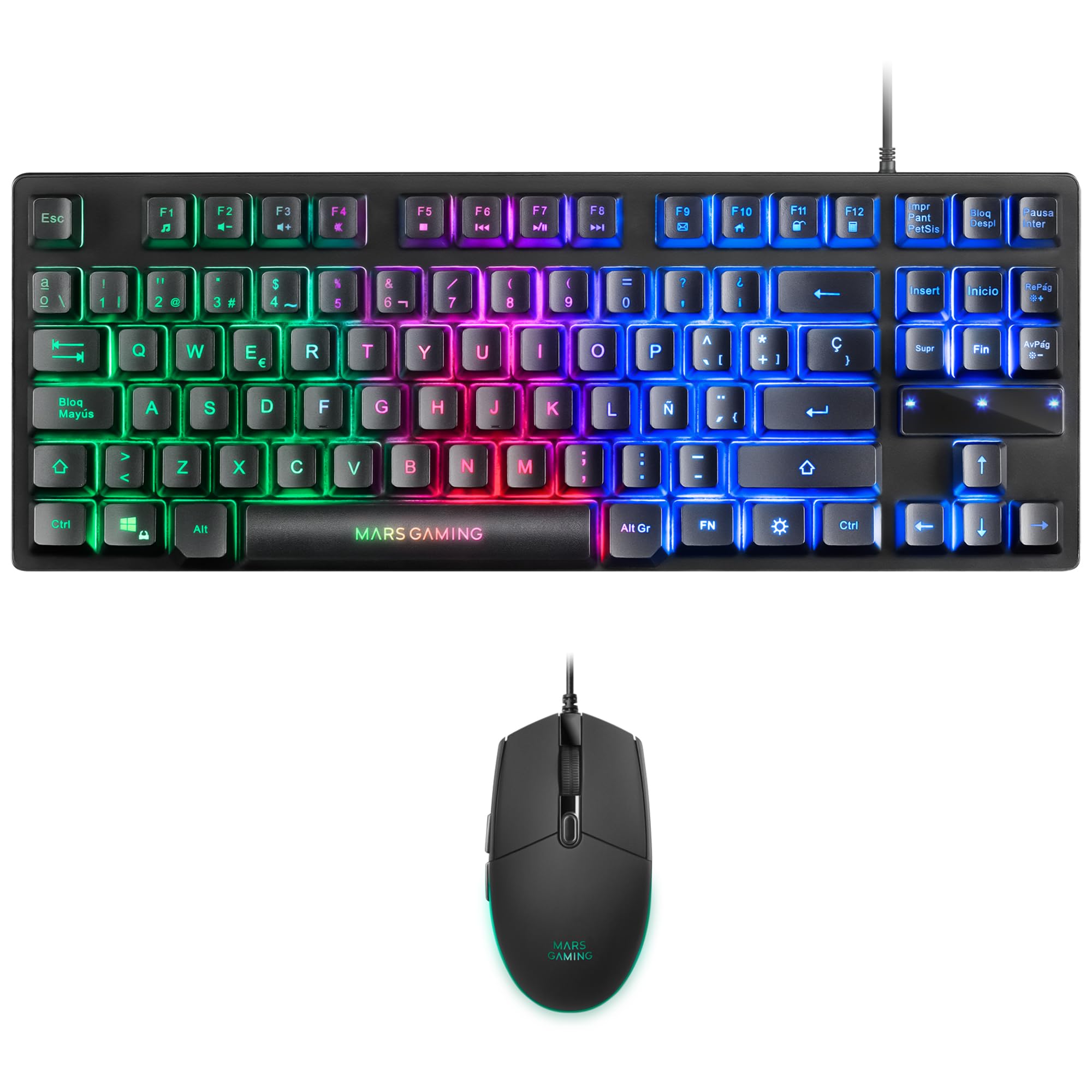 Mars Gaming MCP124, Layout Espanhol, Combo Gaming 3em1, Teclado Ergonômico H-Mech LED RGB, Mouse RGB 3200DPI Switches HUANO, Mousepad Nanotêxtil 360x260mm, Compatibilidade Multiplataforma, Preto