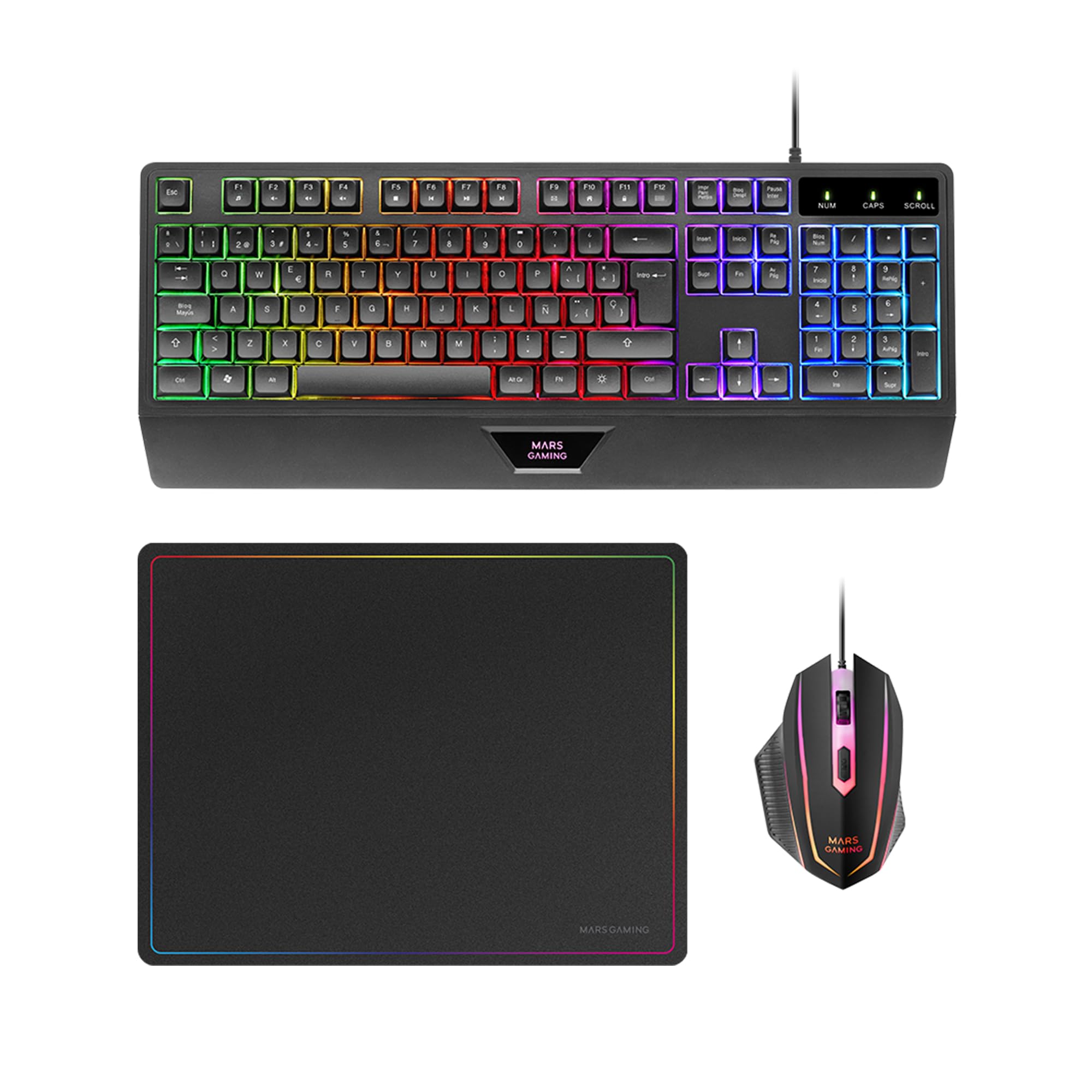 Mars Gaming MCP124, Layout Espanhol, Combo Gaming 3em1, Teclado Ergonômico H-Mech LED RGB, Mouse RGB 3200DPI Switches HUANO, Mousepad Nanotêxtil 360x260mm, Compatibilidade Multiplataforma, Preto