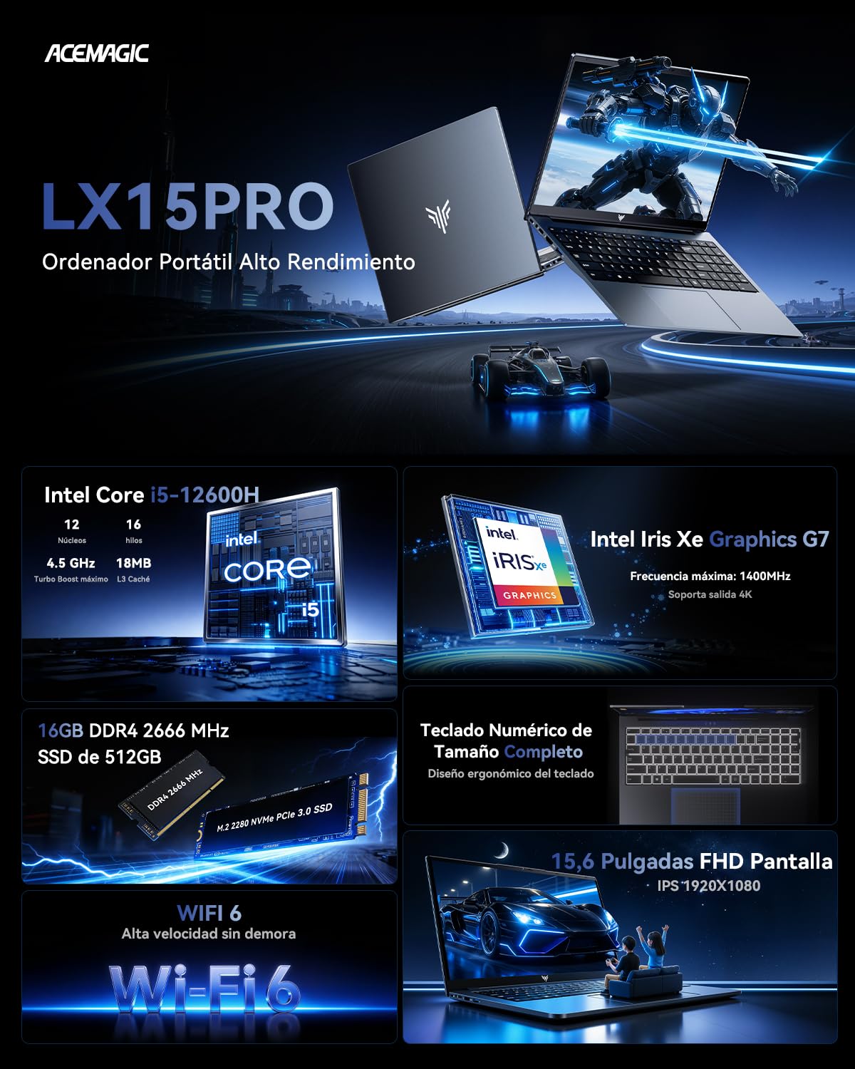 ACEMAGIC 16" FHD Notebook Ryzen 4300U até 3,7 GHz (Superior ao N95/3500U/3200U) Laptop 16GB RAM 512GB SSD Expansível a 2TB, Dobrável 180°, HDMI, Type-C, Computador para Escritório, Estudo e Uso Doméstico