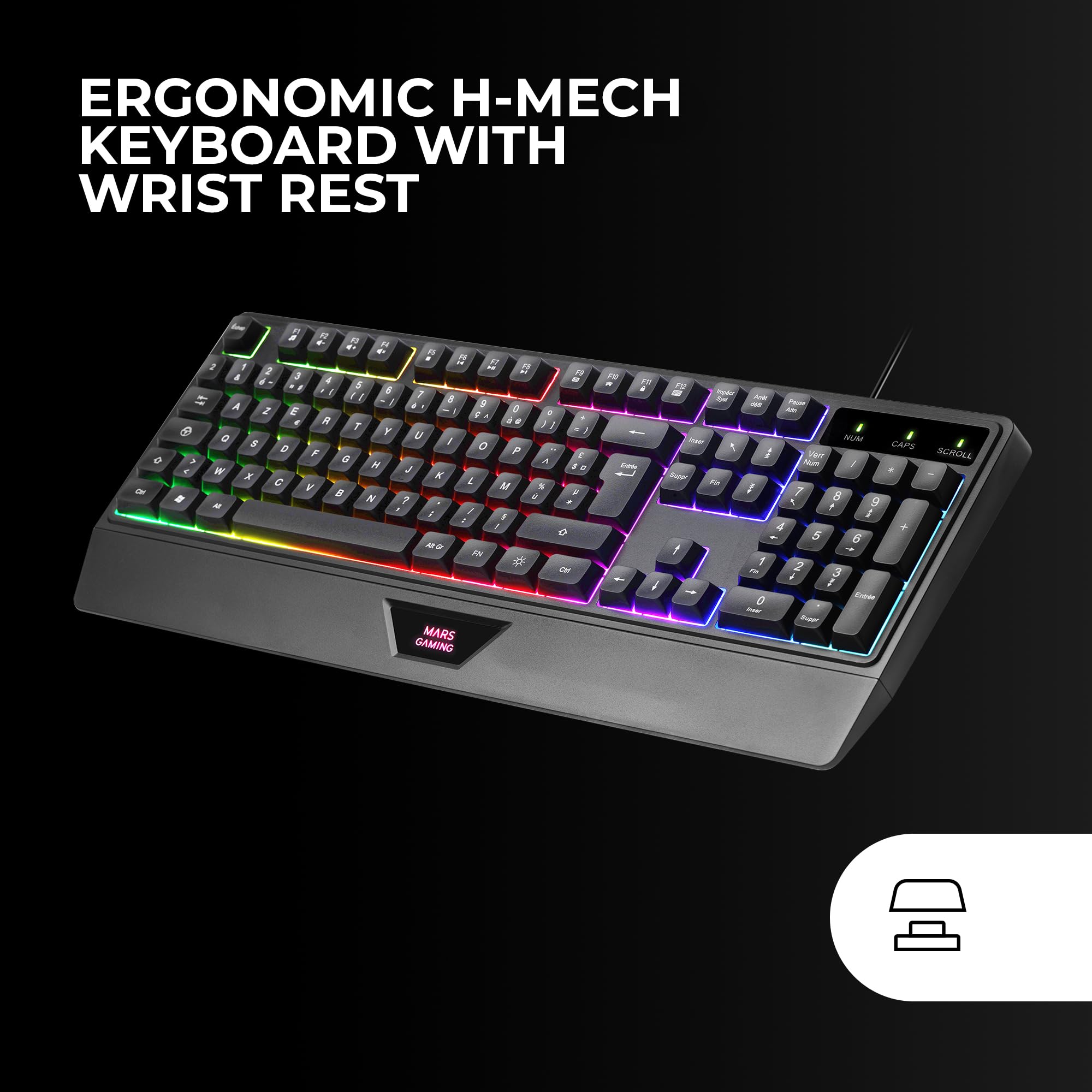 Mars Gaming MCP124, Layout Espanhol, Combo Gaming 3em1, Teclado Ergonômico H-Mech LED RGB, Mouse RGB 3200DPI Switches HUANO, Mousepad Nanotêxtil 360x260mm, Compatibilidade Multiplataforma, Preto