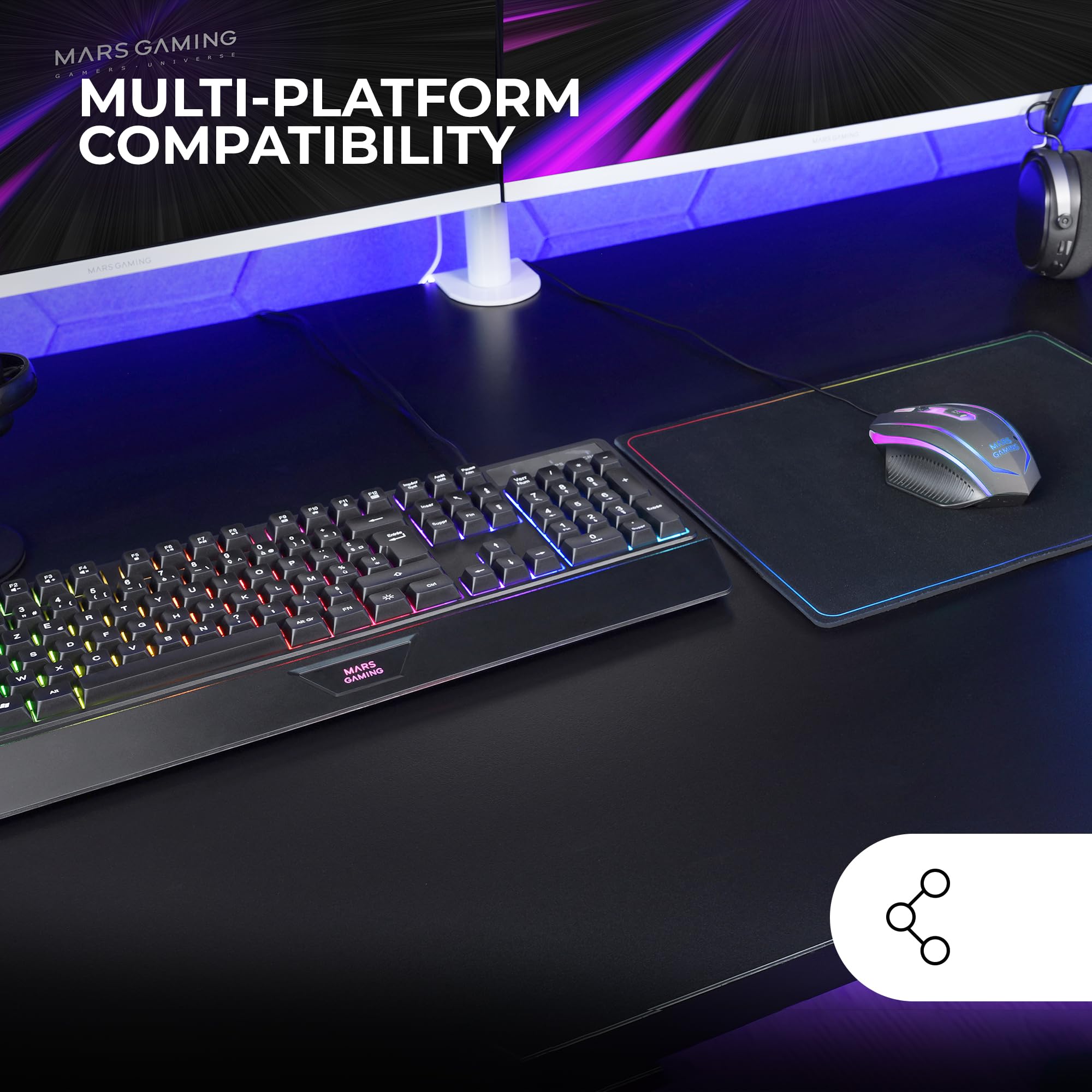 Mars Gaming MCP124, Layout Espanhol, Combo Gaming 3em1, Teclado Ergonômico H-Mech LED RGB, Mouse RGB 3200DPI Switches HUANO, Mousepad Nanotêxtil 360x260mm, Compatibilidade Multiplataforma, Preto