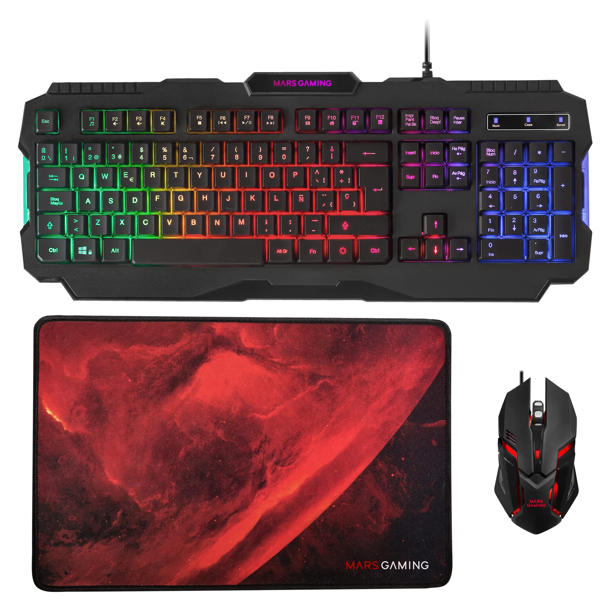 Mars Gaming MCP124, Layout Espanhol, Combo Gaming 3em1, Teclado Ergonômico H-Mech LED RGB, Mouse RGB 3200DPI Switches HUANO, Mousepad Nanotêxtil 360x260mm, Compatibilidade Multiplataforma, Preto