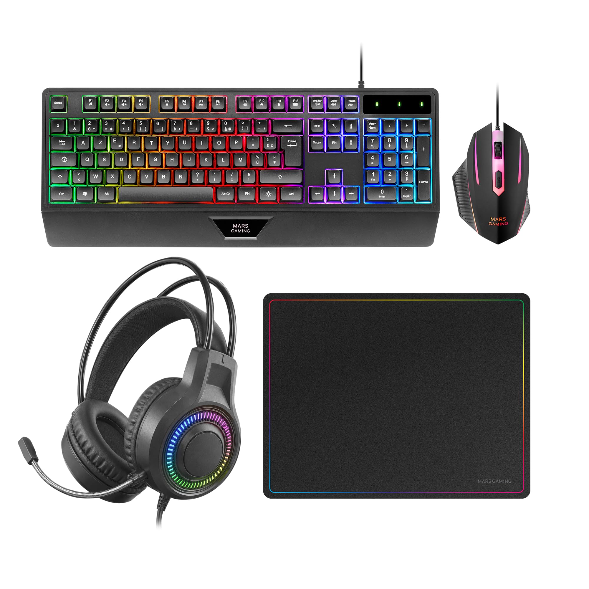 Mars Gaming MCP124, Layout Espanhol, Combo Gaming 3em1, Teclado Ergonômico H-Mech LED RGB, Mouse RGB 3200DPI Switches HUANO, Mousepad Nanotêxtil 360x260mm, Compatibilidade Multiplataforma, Preto