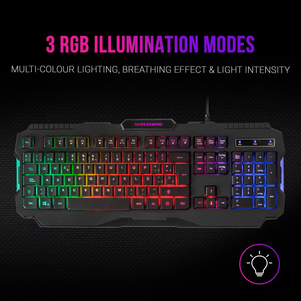 Mars Gaming MCP124, Layout Espanhol, Combo Gaming 3em1, Teclado Ergonômico H-Mech LED RGB, Mouse RGB 3200DPI Switches HUANO, Mousepad Nanotêxtil 360x260mm, Compatibilidade Multiplataforma, Preto