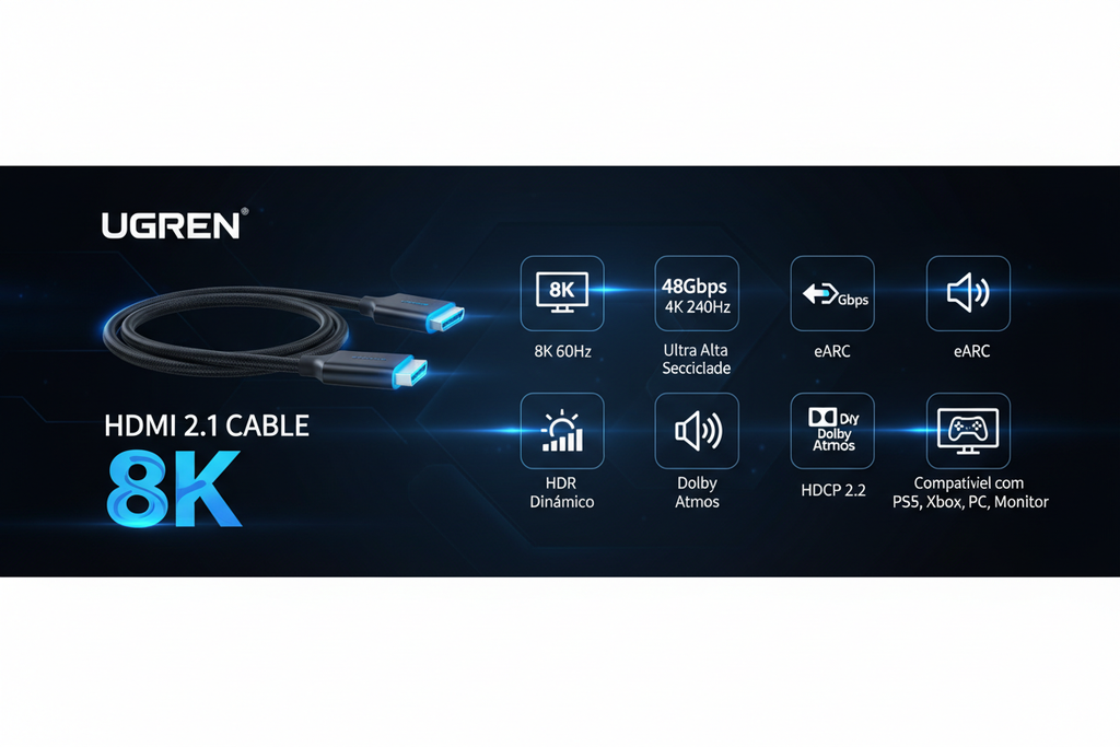 Cabo HDMI 8K UGREEN 2.1 Certificado 8K 60Hz 4K 240Hz 48Gbps (2M) | Ultra Alta Velocidade Alumínio eARC HDCP HDR Dinâmico Dolby Atmos Compatível com Monitor HDTV PS5 PS4 Xbox PC