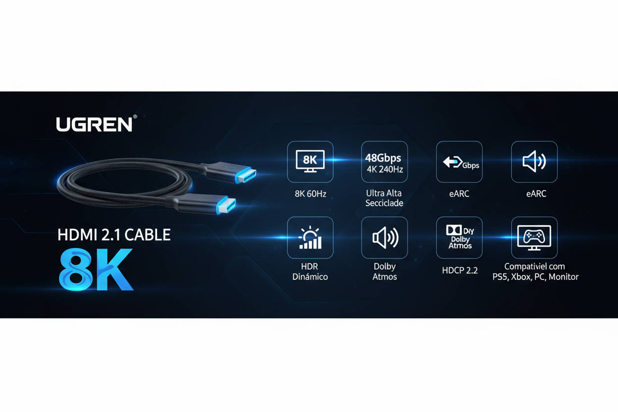 Cabo HDMI 8K UGREEN 2.1 Certificado 8K 60Hz 4K 240Hz 48Gbps (2M) | Ultra Alta Velocidade Alumínio eARC HDCP HDR Dinâmico Dolby Atmos Compatível com Monitor HDTV PS5 PS4 Xbox PC