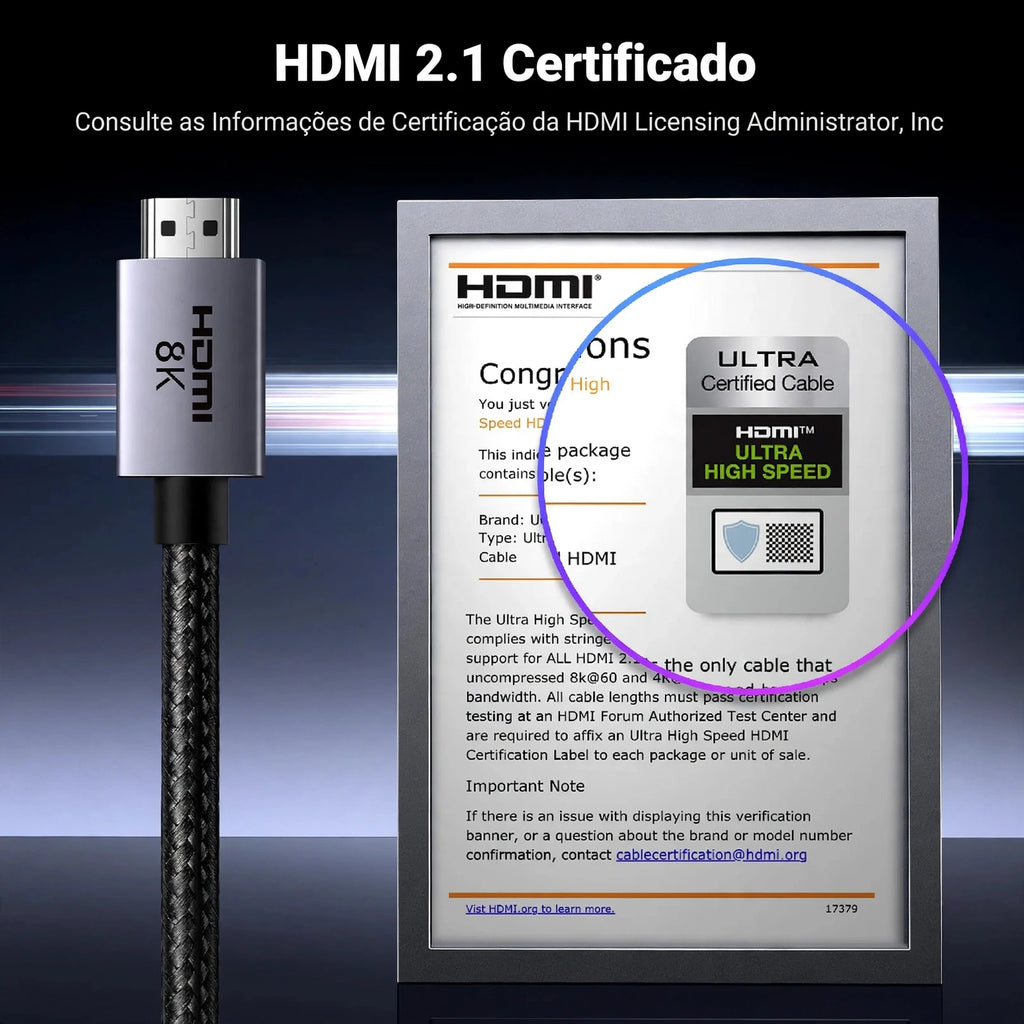 Cabo HDMI 8K UGREEN 2.1 Certificado 8K 60Hz 4K 240Hz 48Gbps (2M) | Ultra Alta Velocidade Alumínio eARC HDCP HDR Dinâmico Dolby Atmos Compatível com Monitor HDTV PS5 PS4 Xbox PC