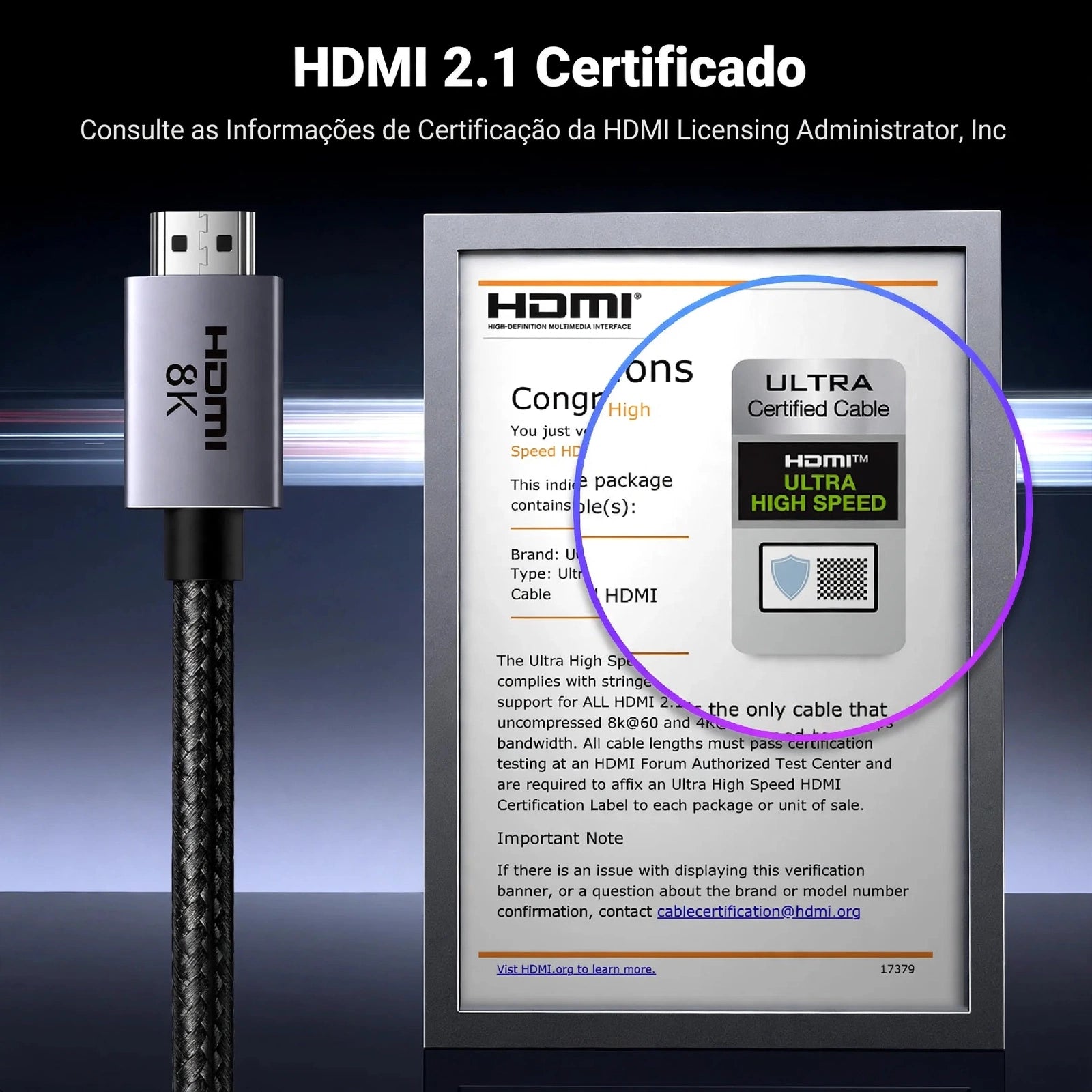 Cabo HDMI 8K UGREEN 2.1 Certificado 8K 60Hz 4K 240Hz 48Gbps (2M) | Ultra Alta Velocidade Alumínio eARC HDCP HDR Dinâmico Dolby Atmos Compatível com Monitor HDTV PS5 PS4 Xbox PC