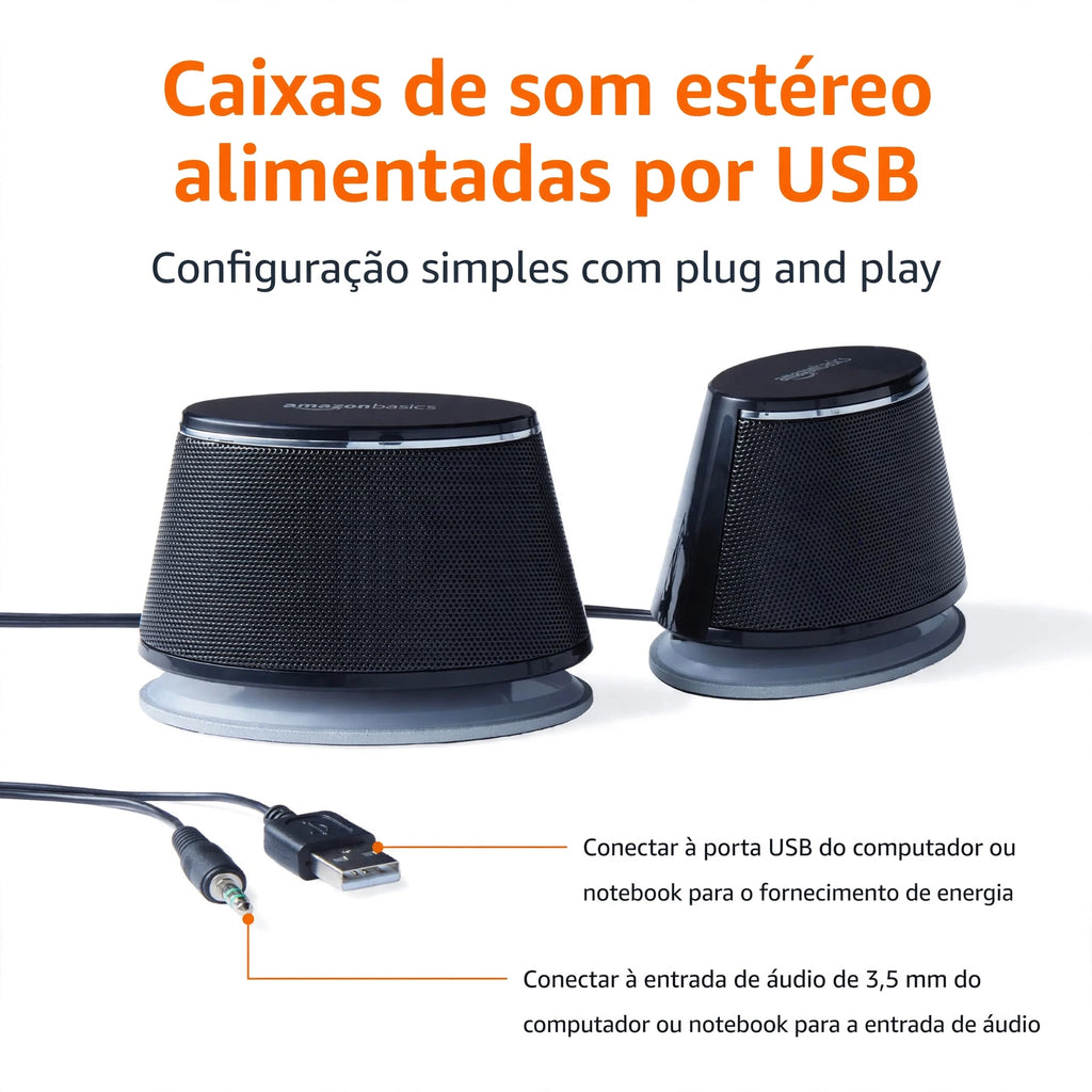 Amazon Basics Caixa de Som 2.0 para PC ou Notebook, Entrada Auxiliar de 3,5 mm, Alimentação USB, 1 Par, Cor Preta