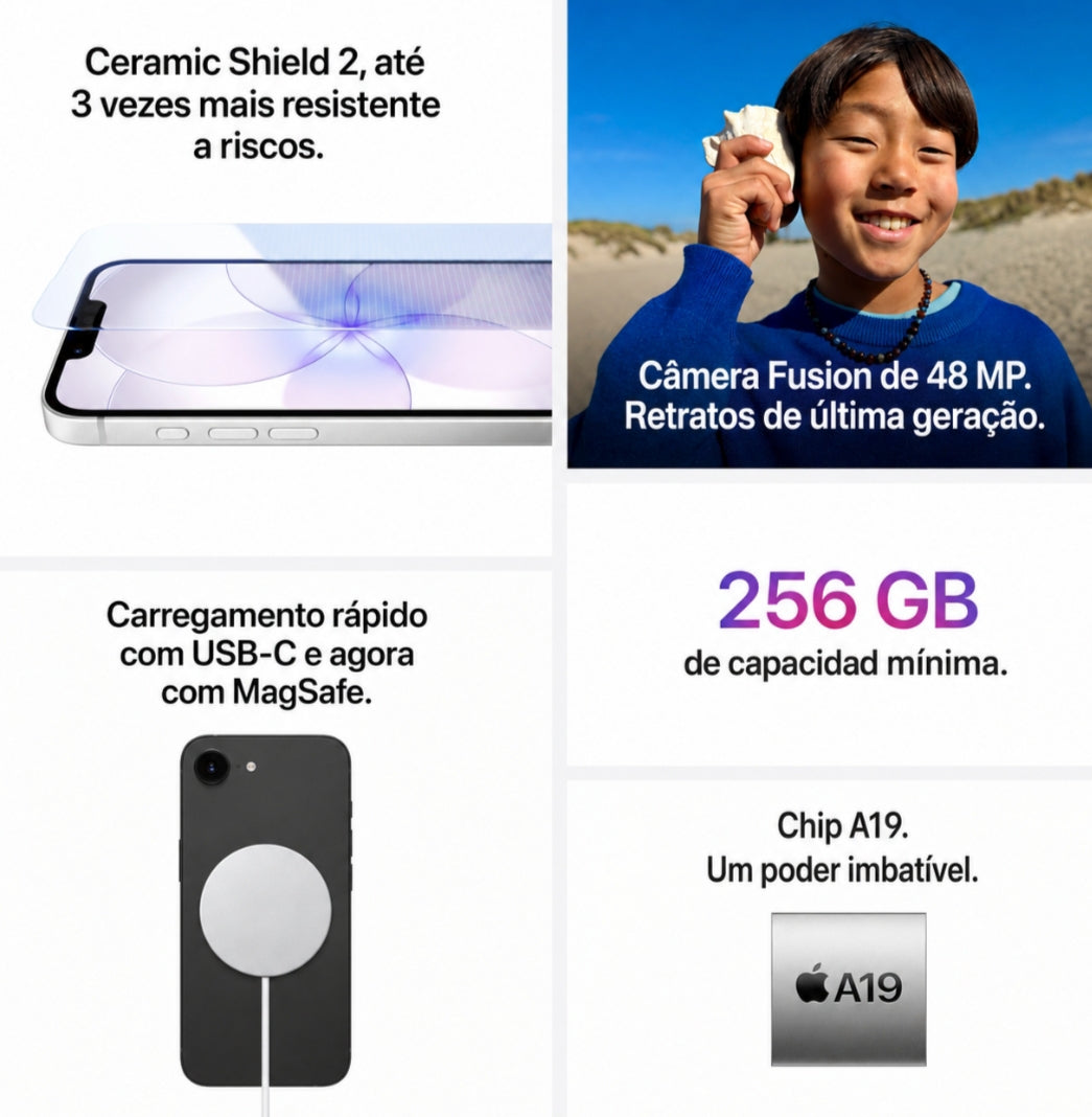 Apple iPhone 17e 256 GB: Tela Super Retina XDR de 6,1", Chip A19, Bateria para o Dia Todo, Câmera Fusion de 48 MP; Preto