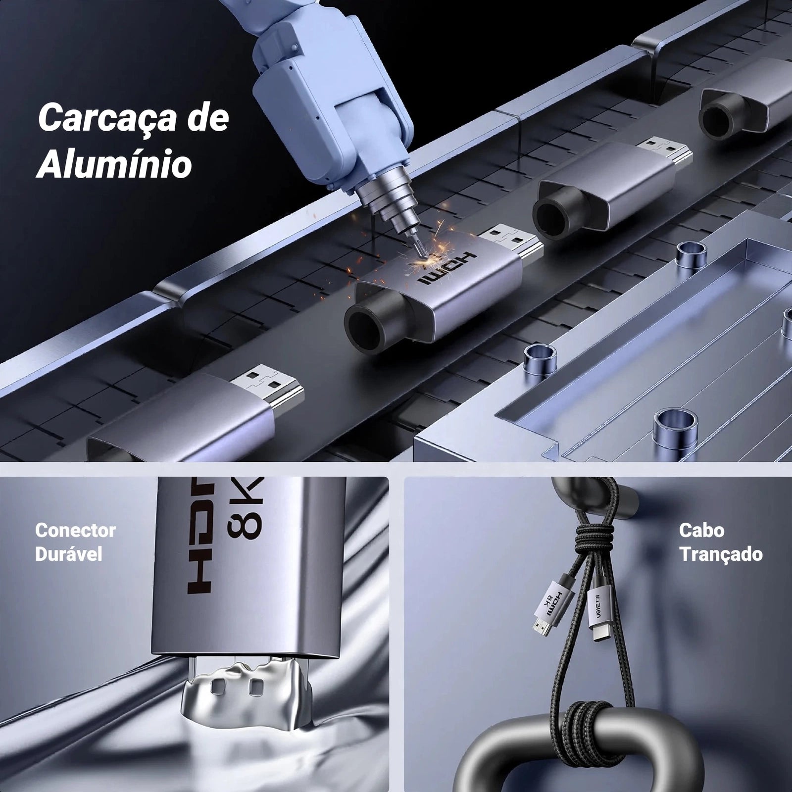 Cabo HDMI 8K UGREEN 2.1 Certificado 8K 60Hz 4K 240Hz 48Gbps (2M) | Ultra Alta Velocidade Alumínio eARC HDCP HDR Dinâmico Dolby Atmos Compatível com Monitor HDTV PS5 PS4 Xbox PC